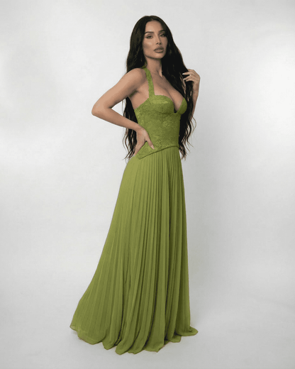 Lauven Verdant Maxi Dress featuring a lace bodice and pleated skirt in rich olive green.