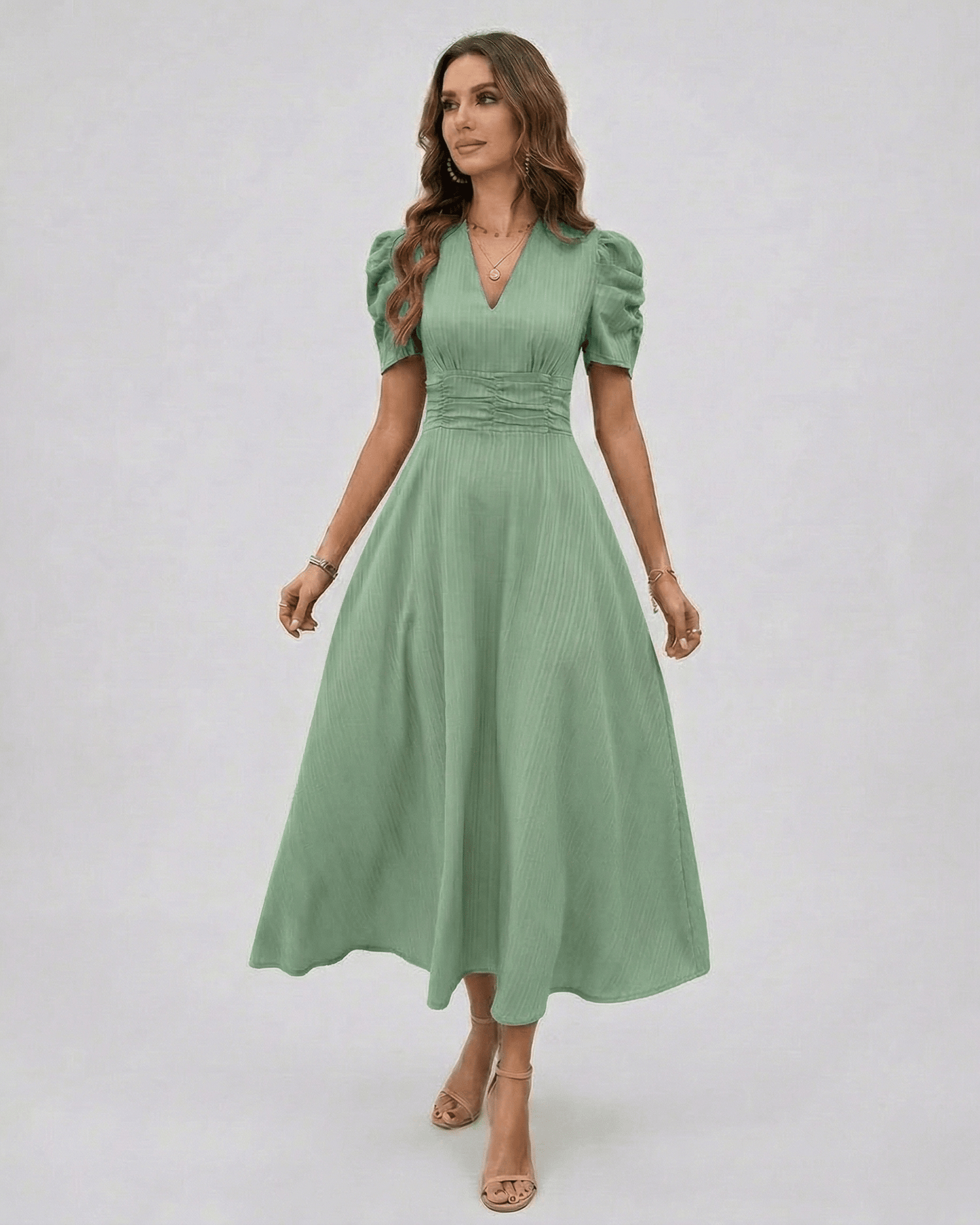 Verdant Midi Dress in sage green with puff sleeves, flattering V-neckline, elegant look by Lauven.