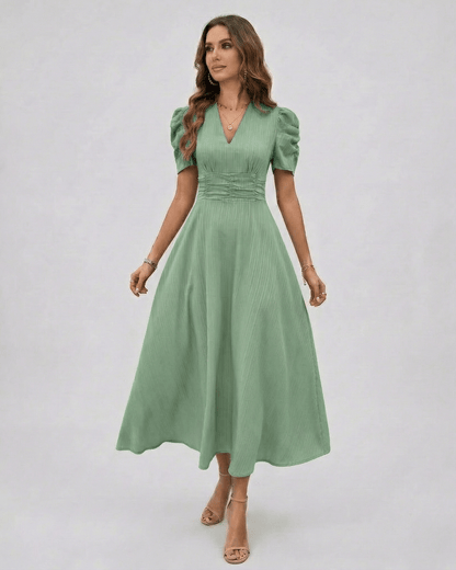Verdant Midi Dress in sage green with puff sleeves, flattering V-neckline, elegant look by Lauven.