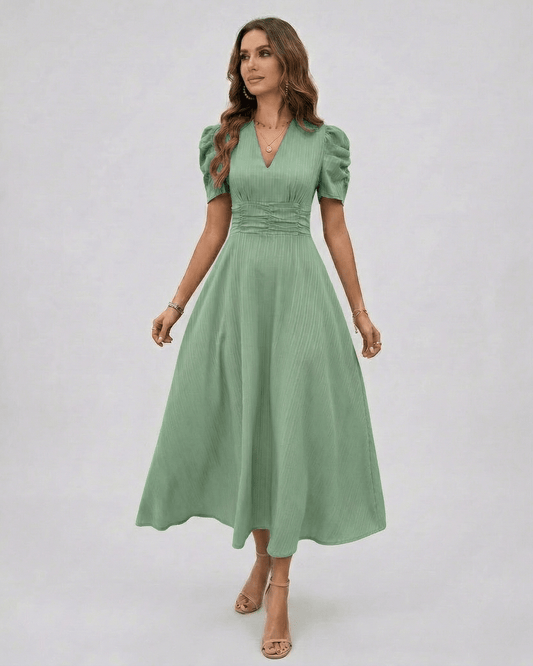 Verdant Midi Dress in sage green with puff sleeves, flattering V-neckline, elegant look by Lauven.
