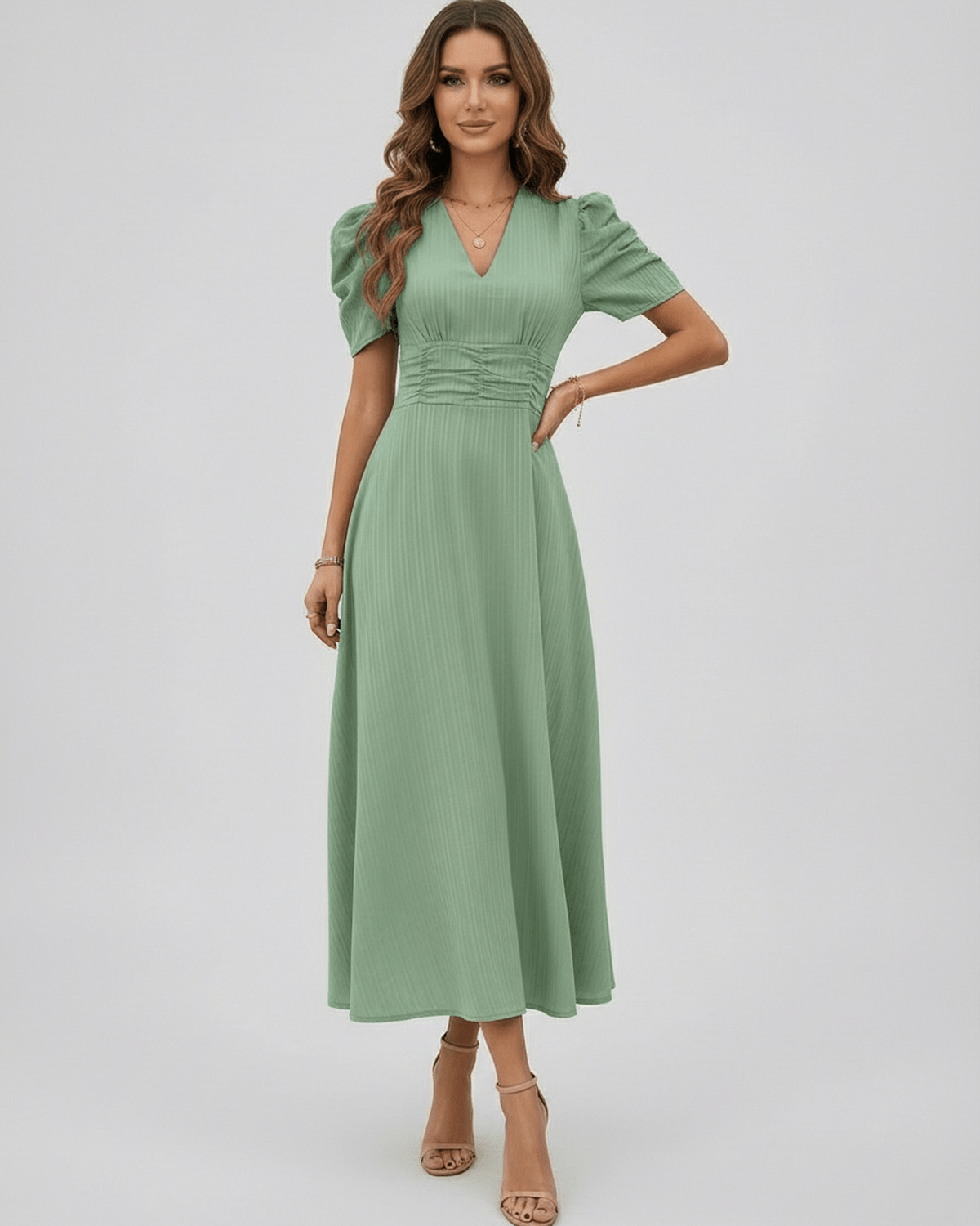 Verdant Midi Dress in sage green with puff sleeves, flattering V-neckline, and ruched waist from Lauven for elegant occasions.