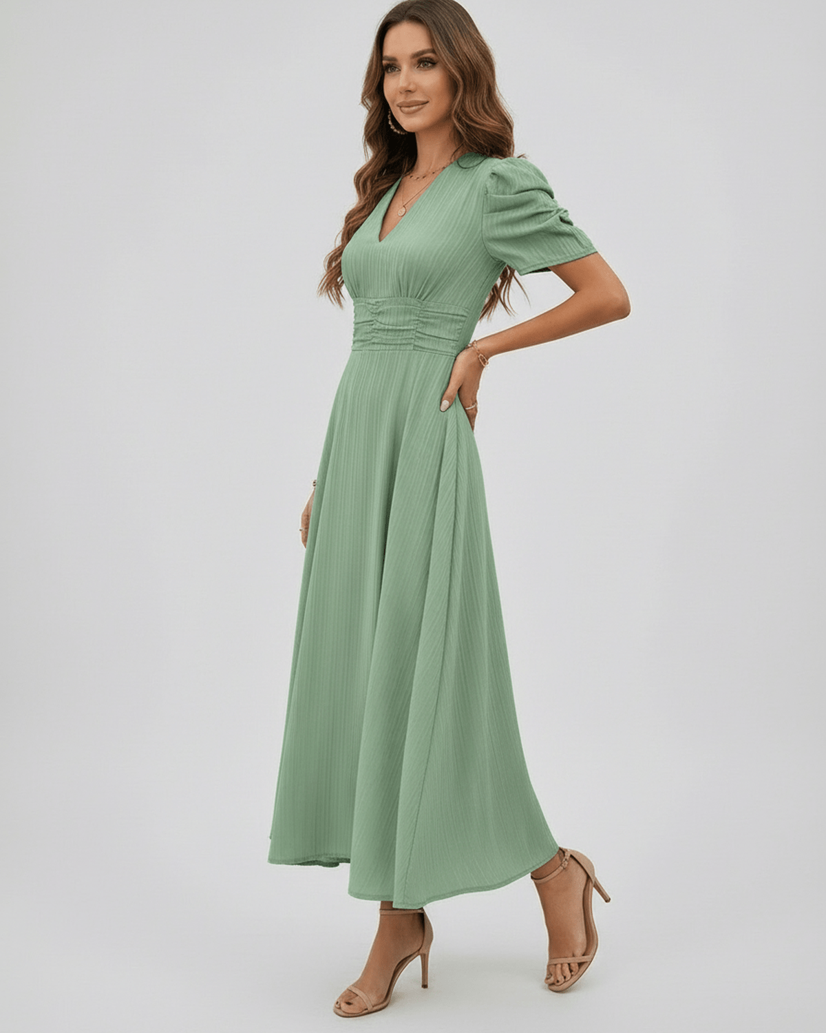 Verdant Midi Dress in sage green with puff sleeves and V-neckline, perfect for weddings and elegant occasions by Lauven.