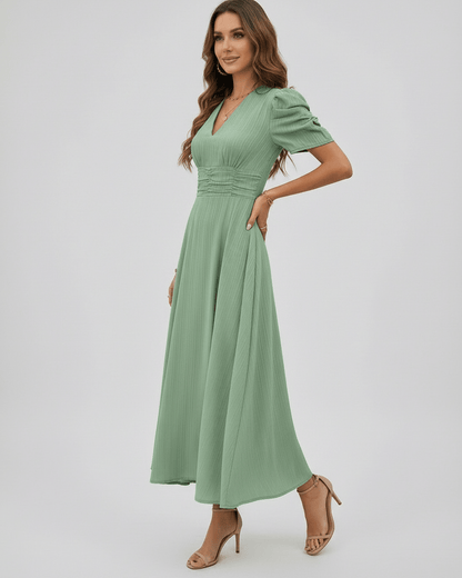 Verdant Midi Dress in sage green with puff sleeves and V-neckline, perfect for weddings and elegant occasions by Lauven.