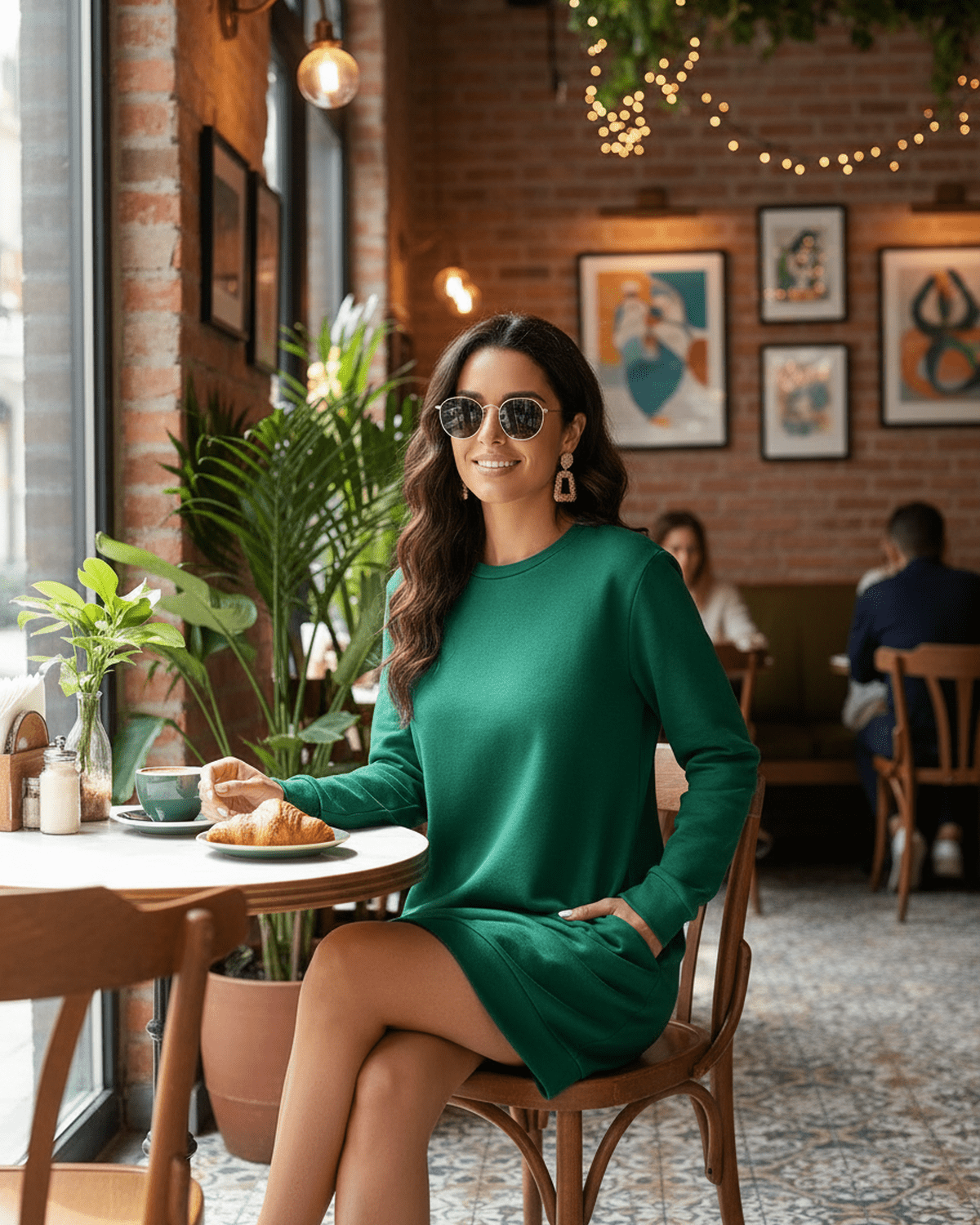 Woman wearing a Verde Mini Dress by Lauven, sitting in a café with sunglasses and a croissant.