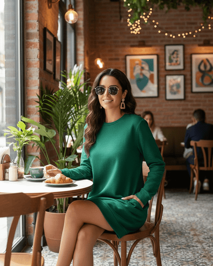 Woman wearing a Verde Mini Dress by Lauven, sitting in a café with sunglasses and a croissant.