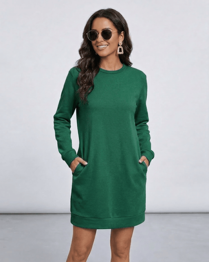 Verde Mini Dress by Lauven in emerald green, showcasing casual style with pockets and a crew neckline.