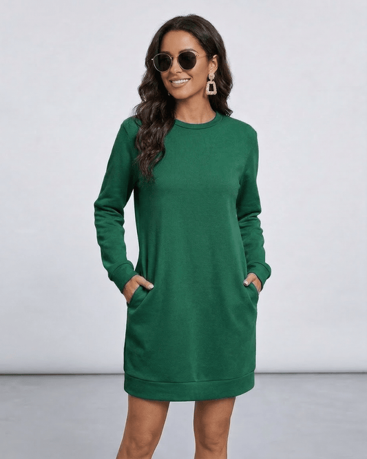 Verde Mini Dress by Lauven in emerald green, showcasing casual style with pockets and a crew neckline.