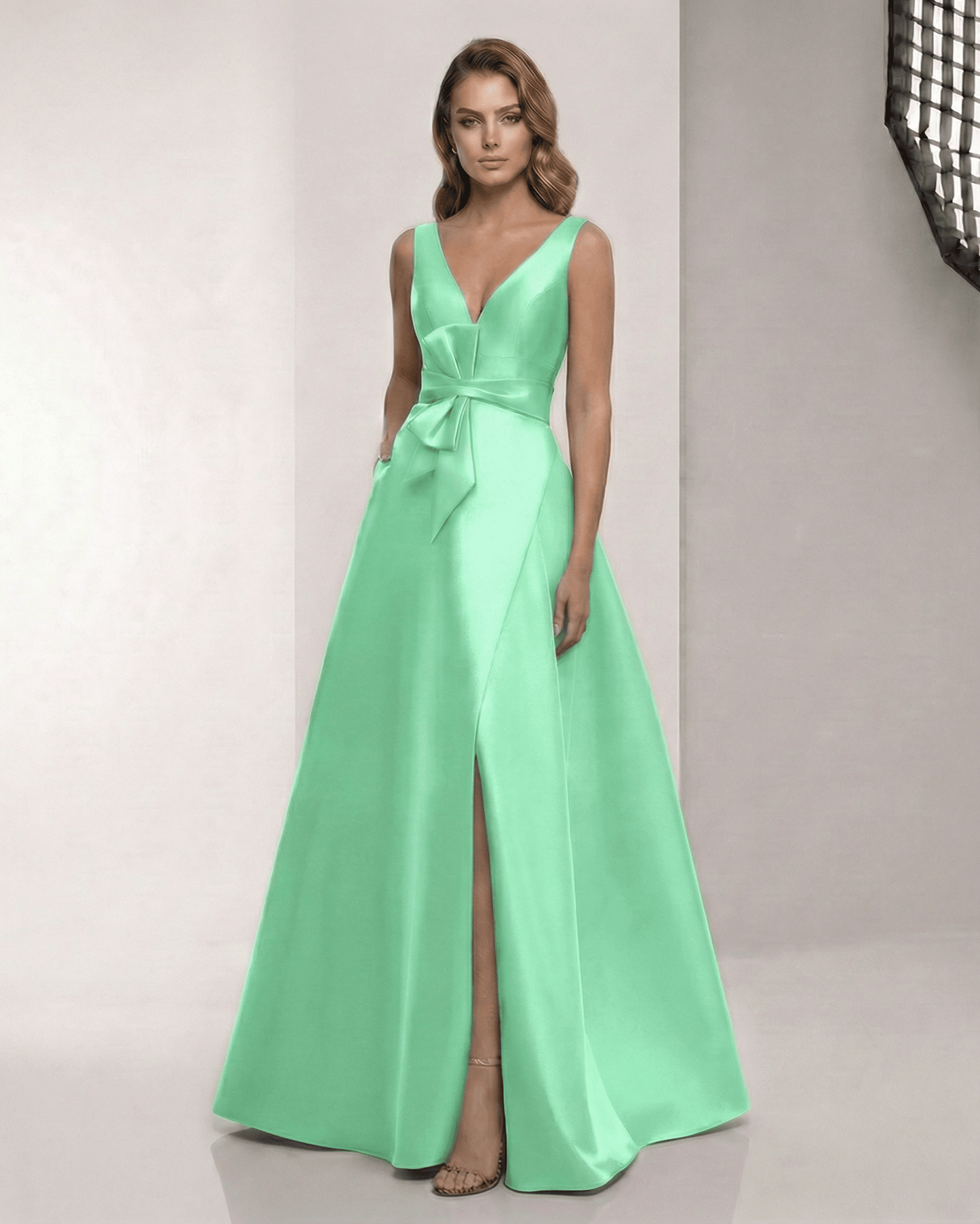 Verdelle Maxi Dress - Mint Green Satin A-Line Dress with V-Neck and Bow Detail by Lauven