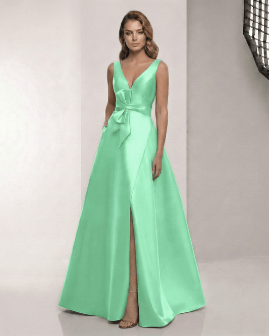 Verdelle Maxi Dress - Mint Green Satin A-Line Dress with V-Neck and Bow Detail by Lauven