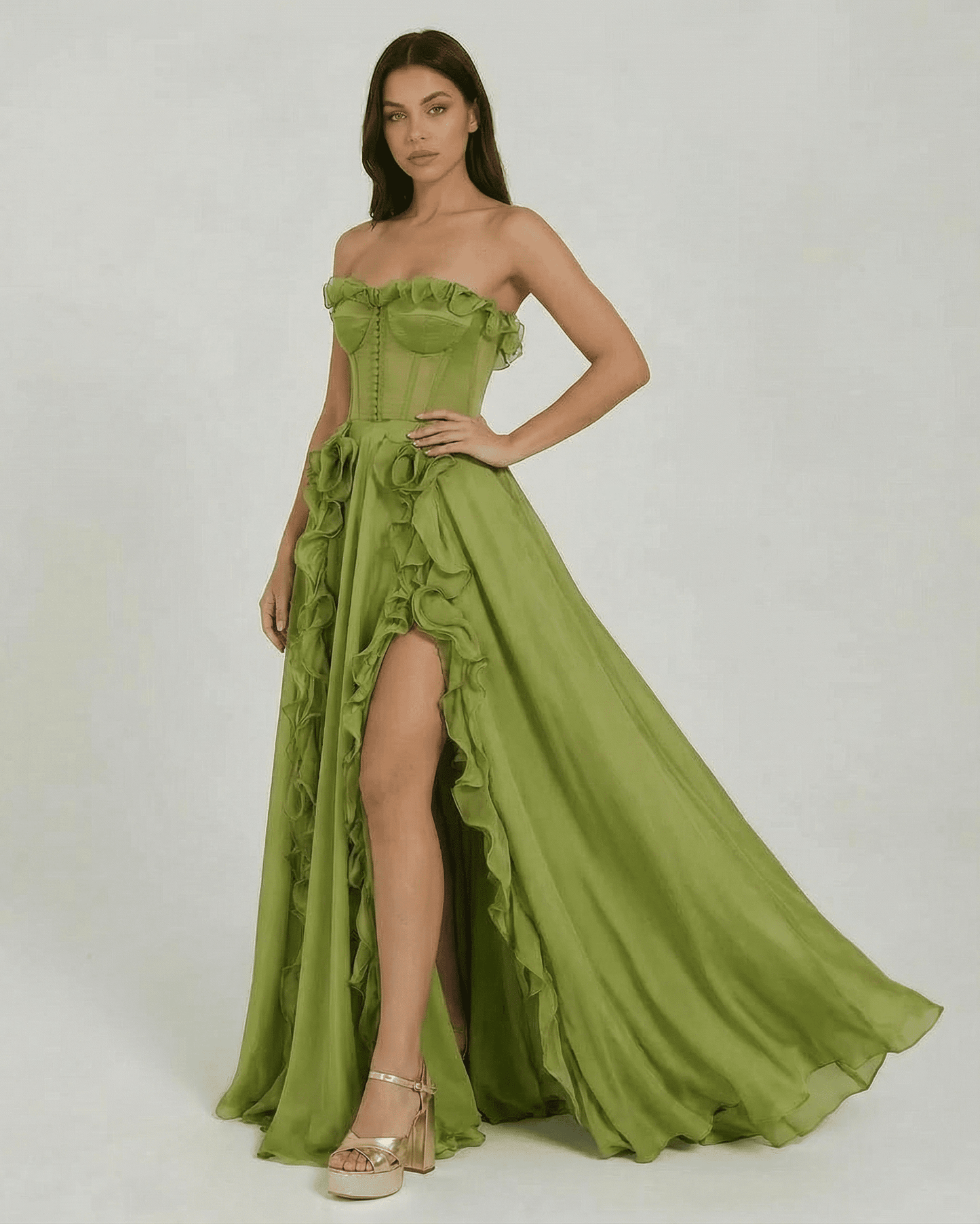 Verdessa Maxi Dress by Lauven, strapless green maxi dress with ruffle detail and elegant floor-length silhouette.
