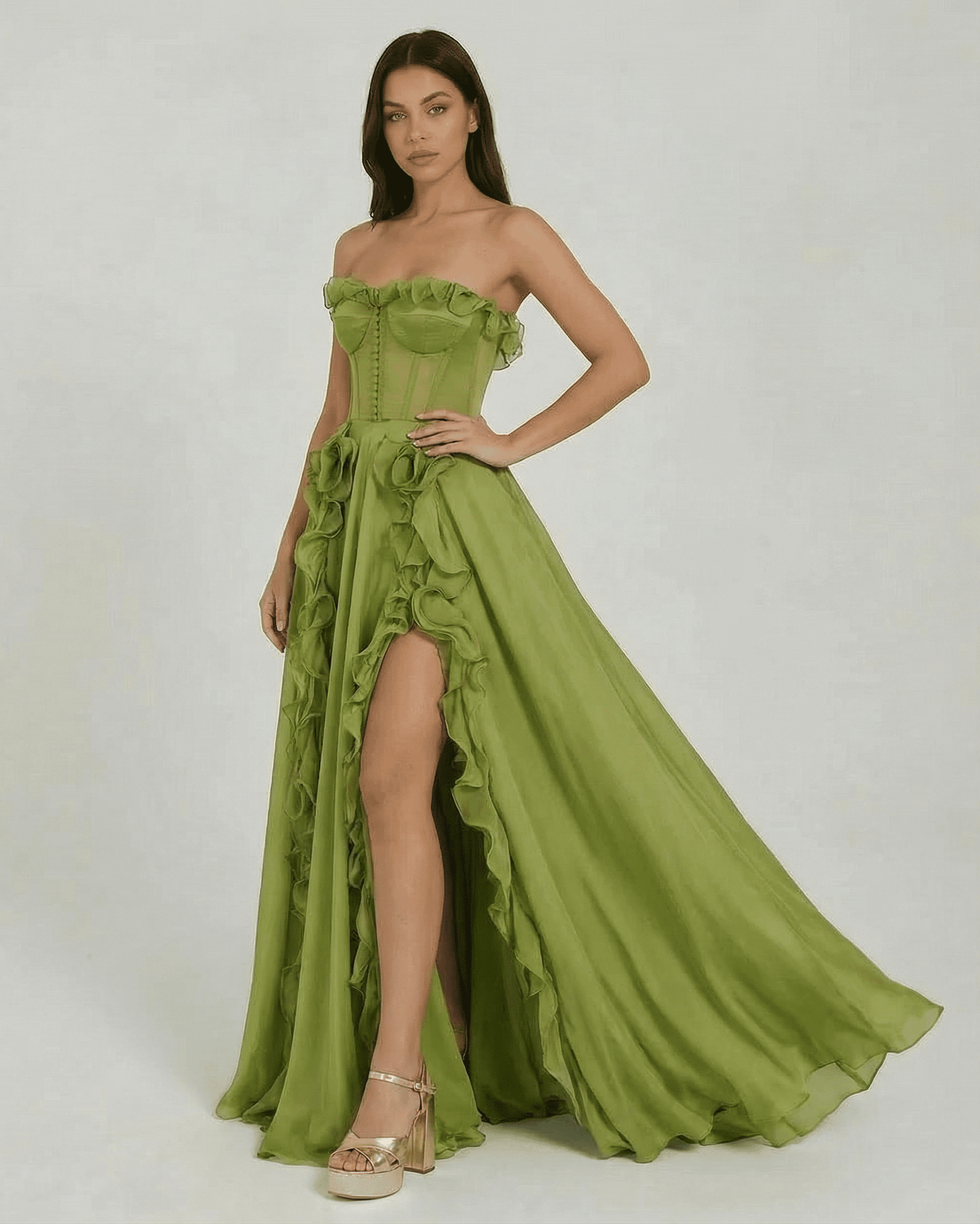 Verdessa Maxi Dress by Lauven, strapless green maxi dress with ruffle detail and elegant floor-length silhouette.