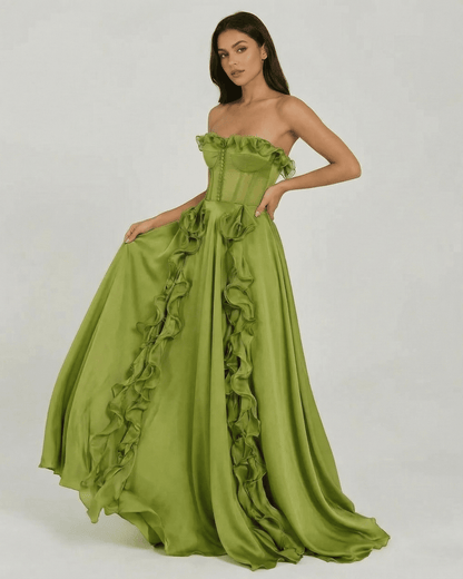 Verdessa Maxi Dress by Lauven - Elegant strapless green maxi dress with ruffles and a flowing silhouette.
