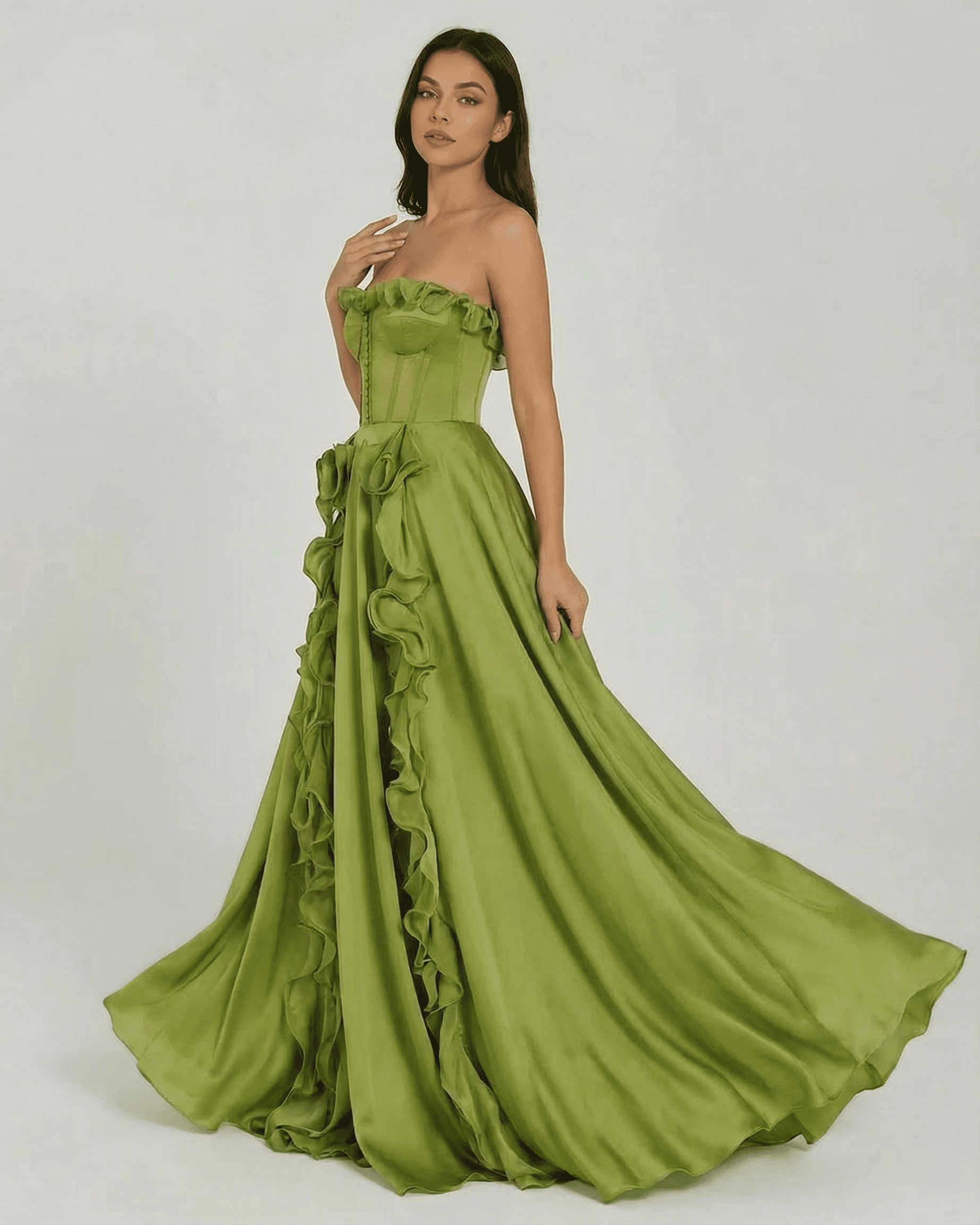 Verdessa Maxi Dress by Lauven, an elegant strapless green maxi dress with ruffle detail and flowing silhouette.