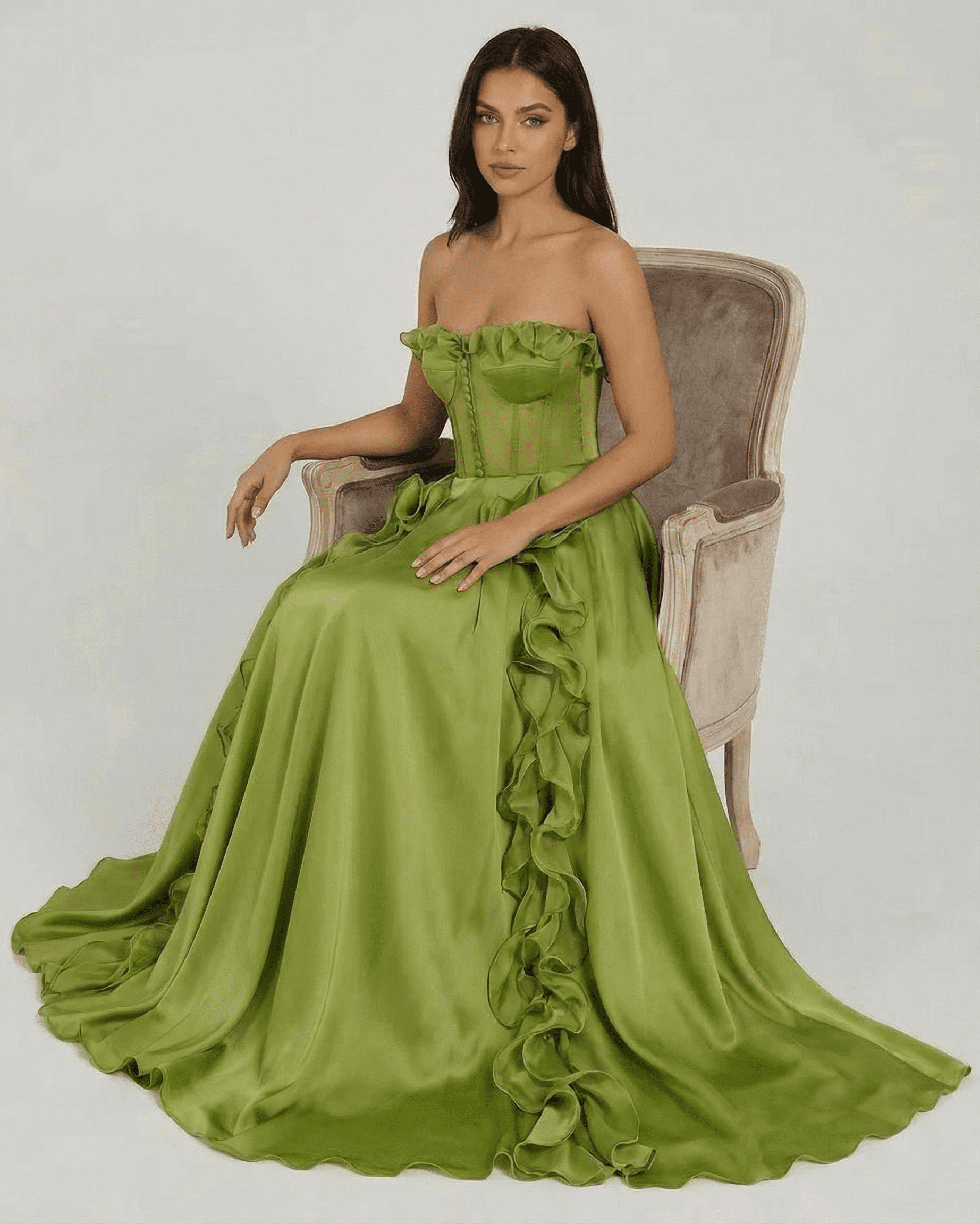 Verdessa Maxi Dress by Lauven, strapless green maxi dress with ruffle detail and flowing silhouette.