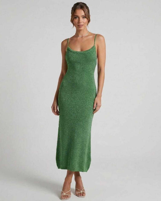 Verdina Midi Dress by Lauven - Green Spaghetti Strap Dress with Slim Sheath Silhouette