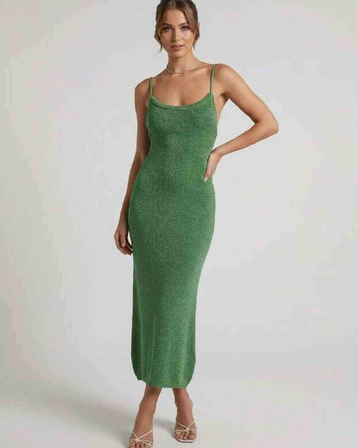 Verdina Midi Dress by Lauven - Green Spaghetti Strap Midi Dress with Slim Sheath Silhouette