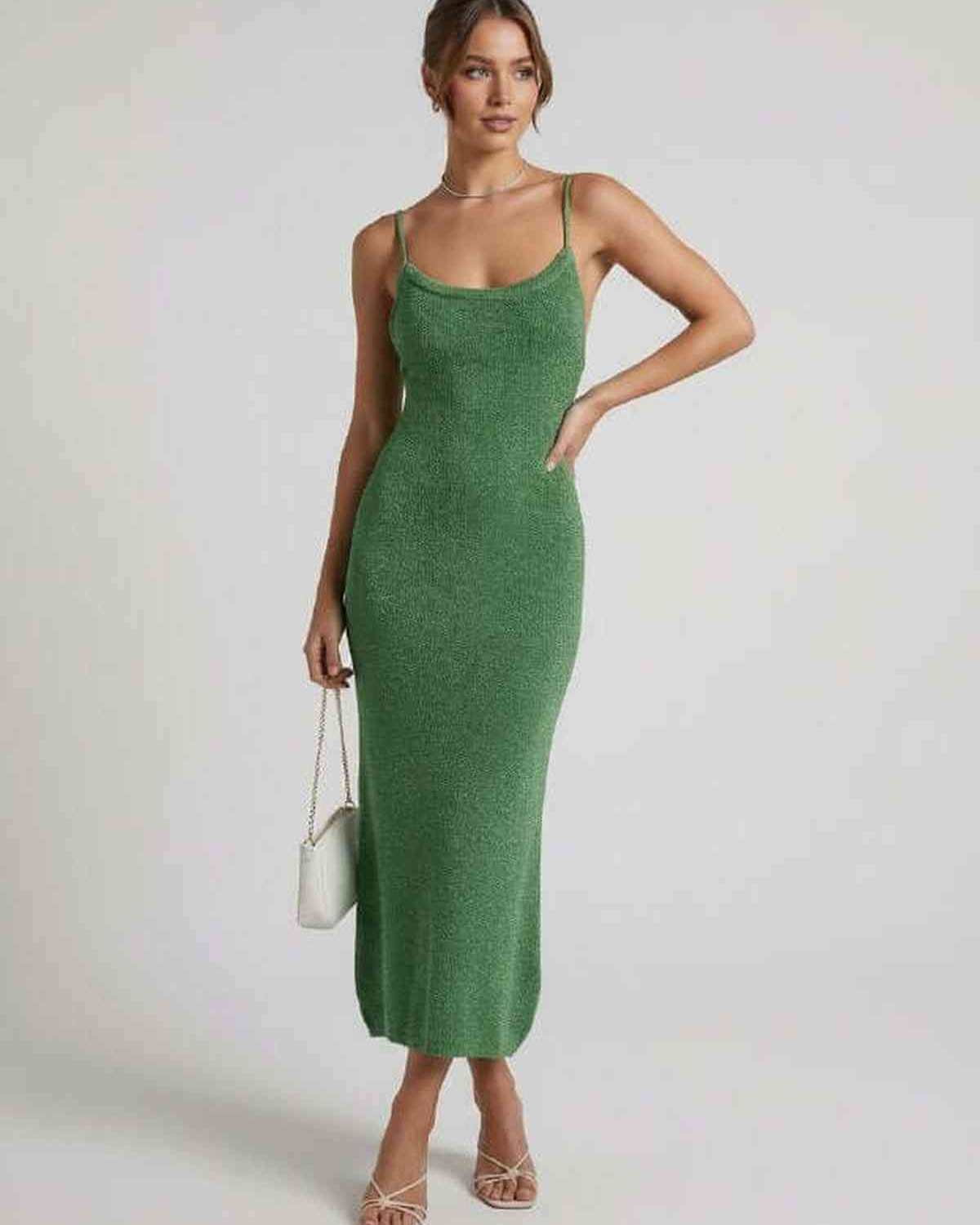 Verdina Midi Dress by Lauven - Green spaghetti strap midi dress with a slim sheath silhouette.