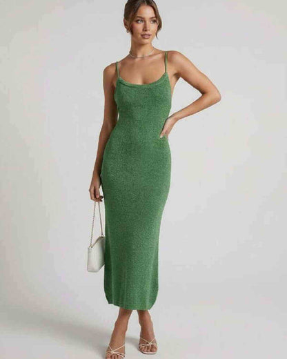 Verdina Midi Dress by Lauven - Green spaghetti strap midi dress with a slim sheath silhouette.