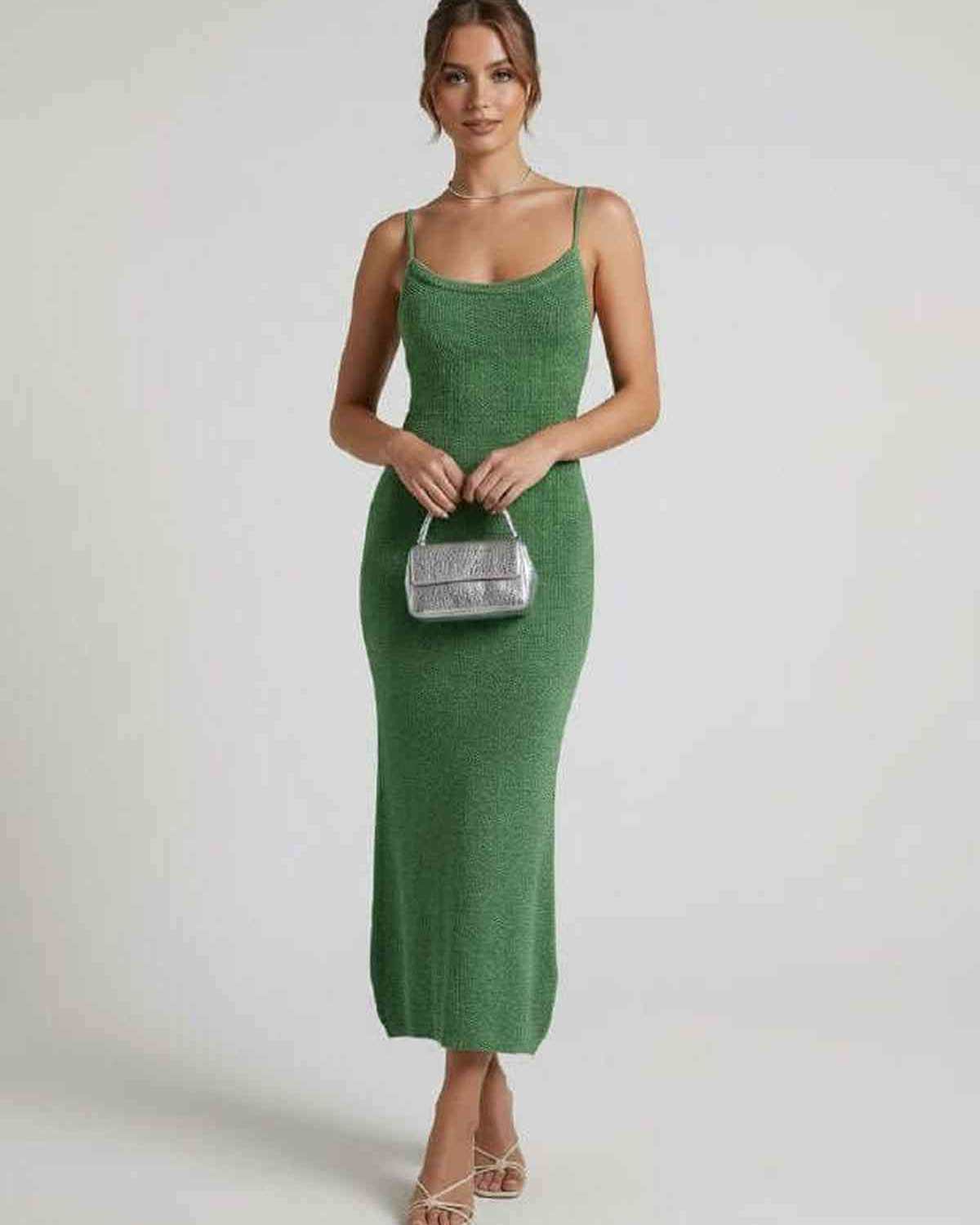 Verdina Midi Dress by Lauven, green spaghetti strap midi dress in slim sheath silhouette.
