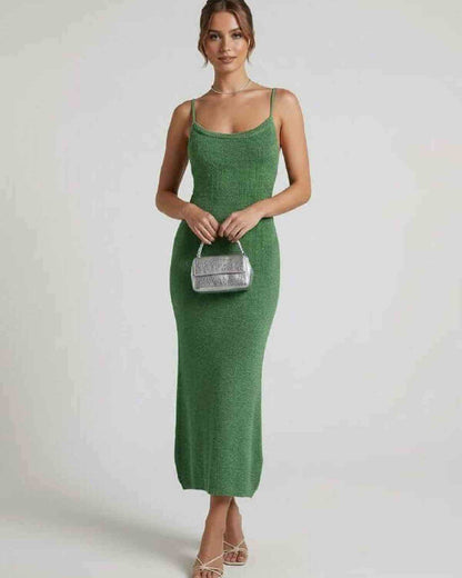 Verdina Midi Dress by Lauven, green spaghetti strap midi dress in slim sheath silhouette.