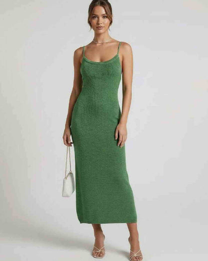 Lauven Verdina Midi Dress in green, showcasing a sleek spaghetti strap silhouette for modern elegance.