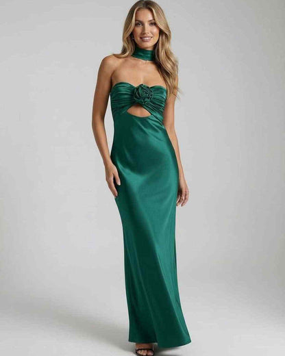 Verde Maxi Dress by Lauven - Luxurious emerald satin fit and flare gown with unique rose detail.