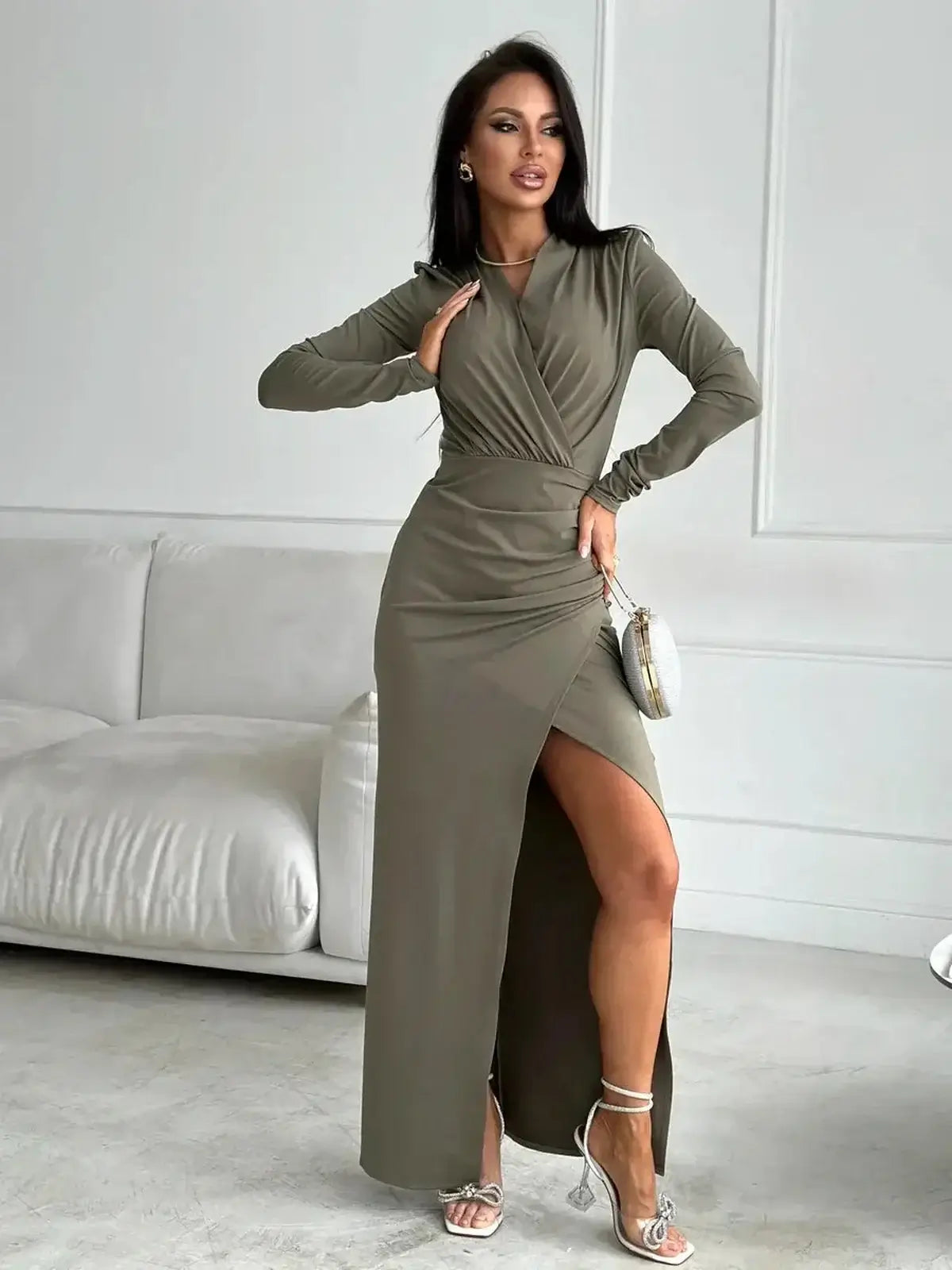 Verona Drape Maxi Dress in olive green with wrap bodice and thigh slit, perfect for formal events and weddings.