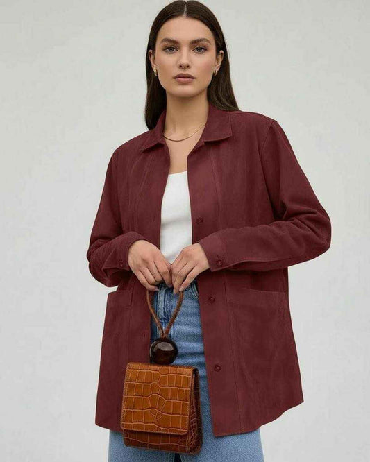 Verona Jacket by Lauven - Women’s Oversized Jacket in rich burgundy with relaxed fit and button-down front.