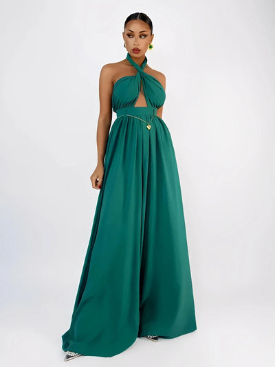Elegant emerald Verona Jumpsuit with halter neck, cutout front, and wide-leg silhouette, perfect for formal occasions.