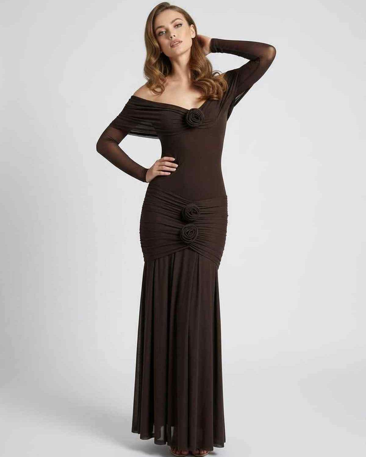 Verona Maxi Dress in brown, off-shoulder design with sheer long sleeves, elegant and modern by Lauven.