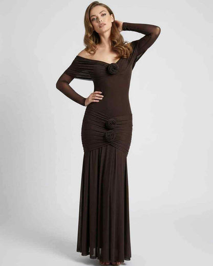 Verona Maxi Dress in brown, off-shoulder design with sheer long sleeves, elegant and modern by Lauven.