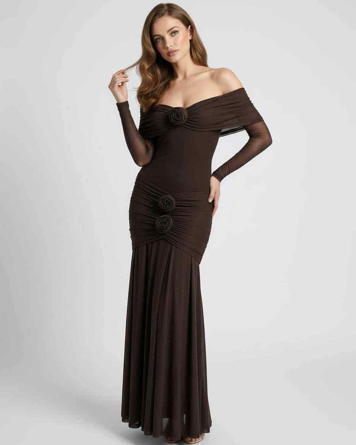 Verona Maxi Dress - Brown Off Shoulder Maxi Dress with Sheer Long Sleeves by Lauven, featuring elegant draping and modern appeal.