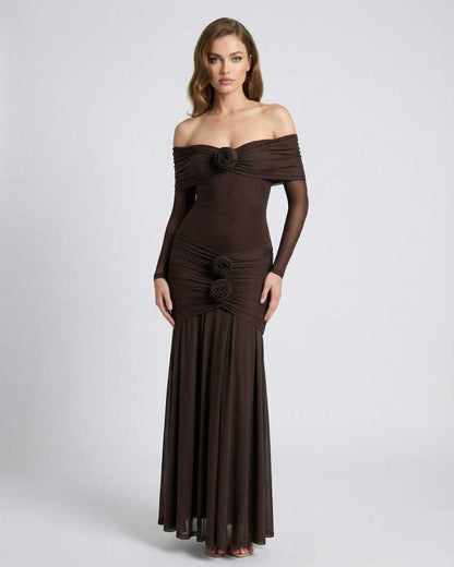 Verona Maxi Dress - Brown Off Shoulder Maxi Dress with Sheer Long Sleeves by Lauven, featuring elegant draping and modern design.