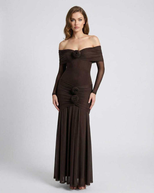 Verona Maxi Dress - Brown Off Shoulder Maxi Dress with Sheer Long Sleeves by Lauven, featuring elegant draping and modern design.