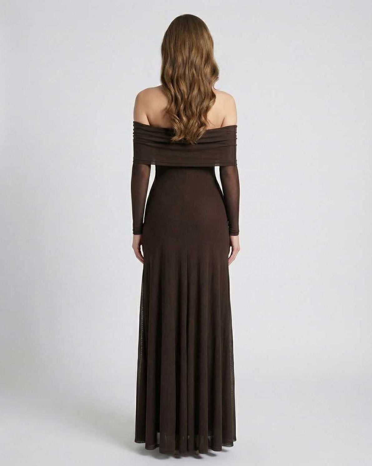Verona Maxi Dress - Brown off shoulder maxi dress with sheer long sleeves, elegant back view showcasing its refined silhouette.