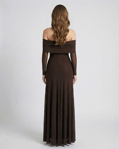Verona Maxi Dress - Brown off shoulder maxi dress with sheer long sleeves, elegant back view showcasing its refined silhouette.