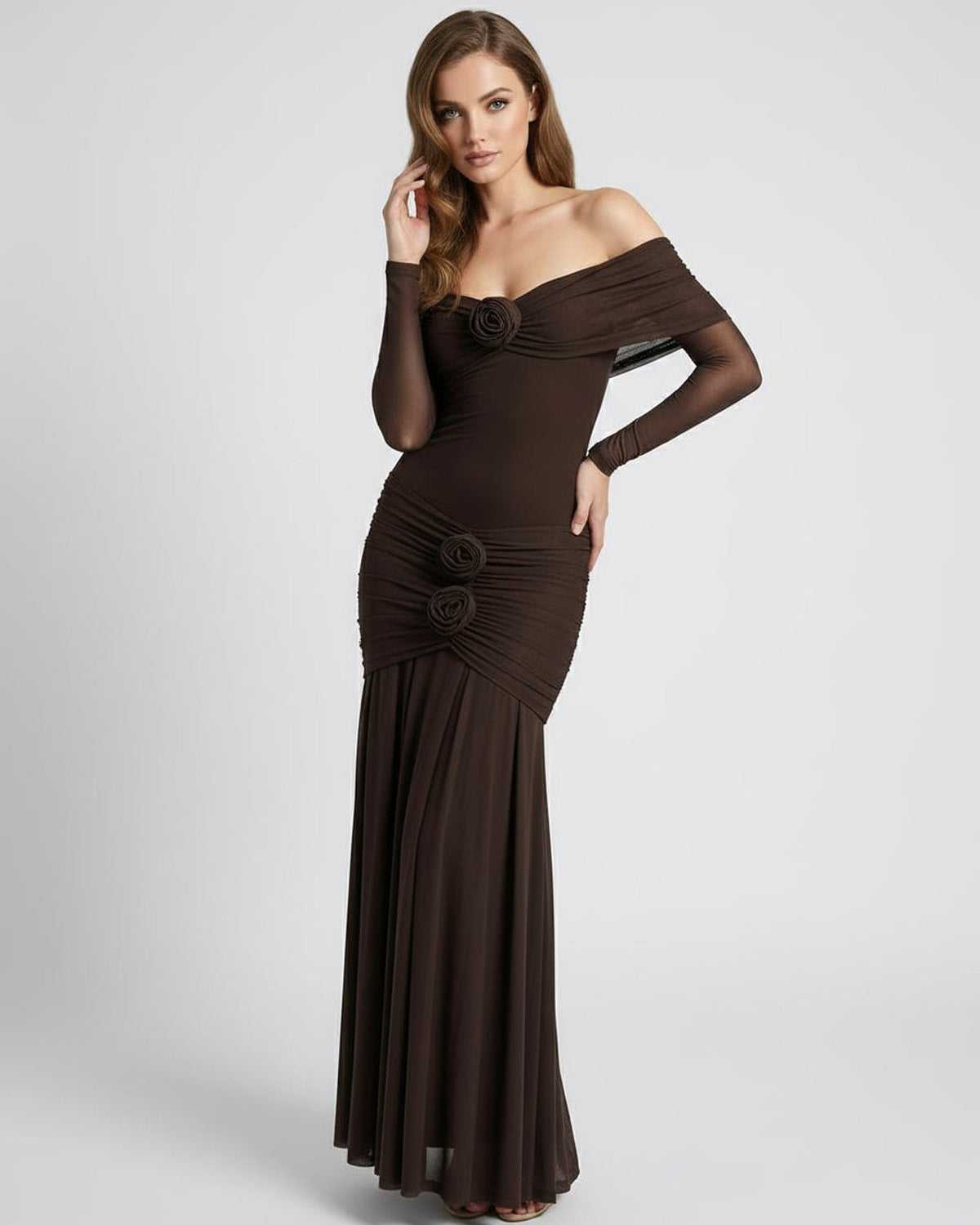 Verona Maxi Dress — Brown off shoulder maxi dress with sheer long sleeves and elegant draping by Lauven.