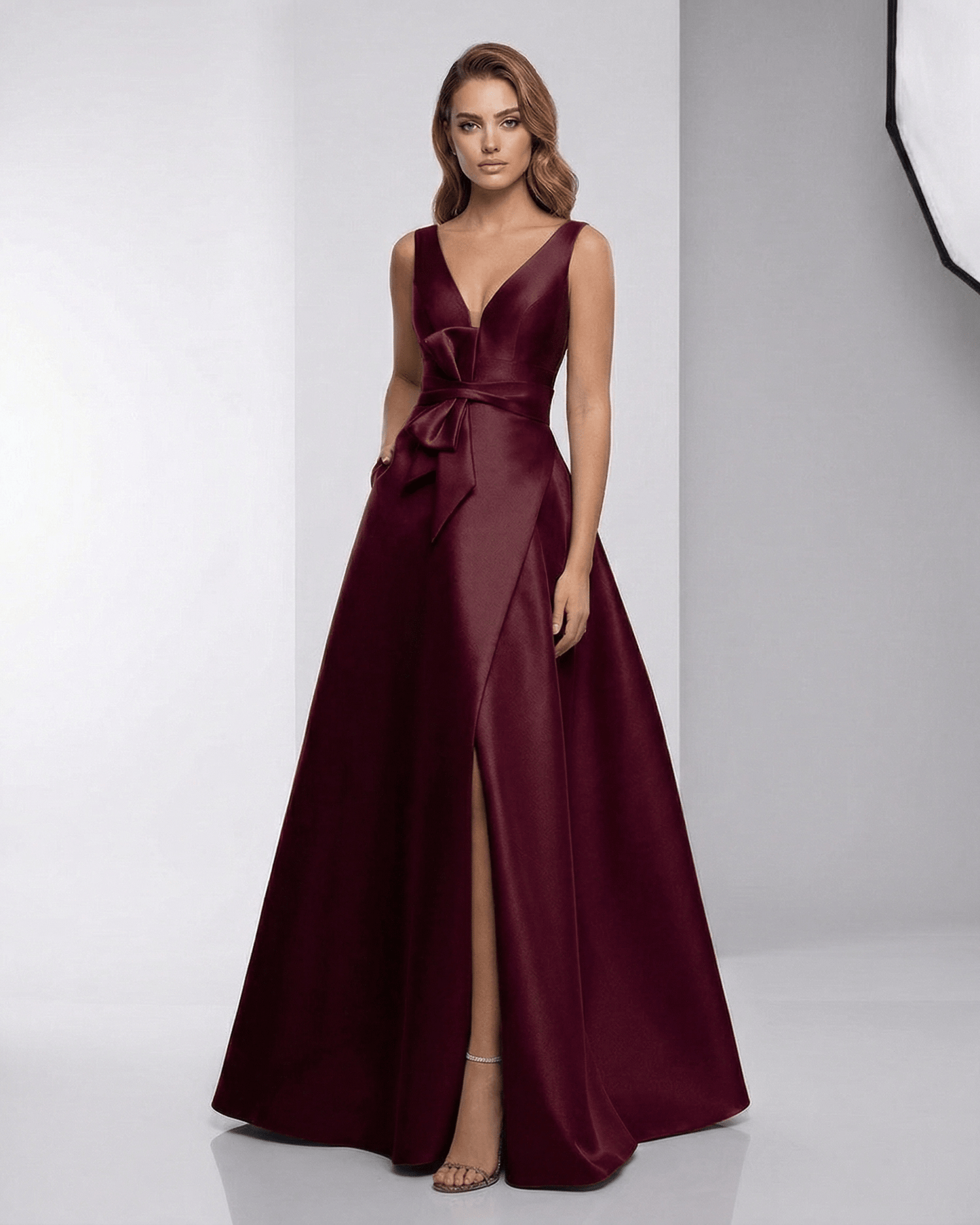 Verona Maxi Dress - Satin A-Line V-Neck evening dress in burgundy by Lauven, showcasing elegance and modern style.