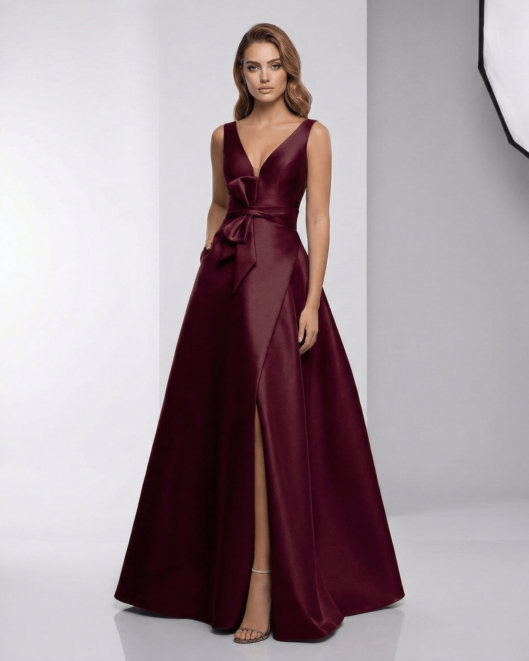 Verona Maxi Dress - Satin A-Line V-Neck evening dress in burgundy by Lauven, showcasing elegance and modern style.