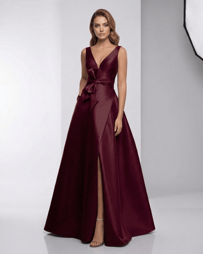 Verona Maxi Dress - Satin A-Line V-Neck evening dress in burgundy by Lauven, showcasing elegance and modern style.