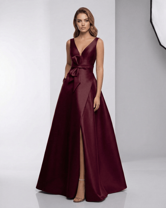 Verona Maxi Dress - Satin A-Line V-Neck evening dress in burgundy by Lauven, showcasing elegance and modern style.