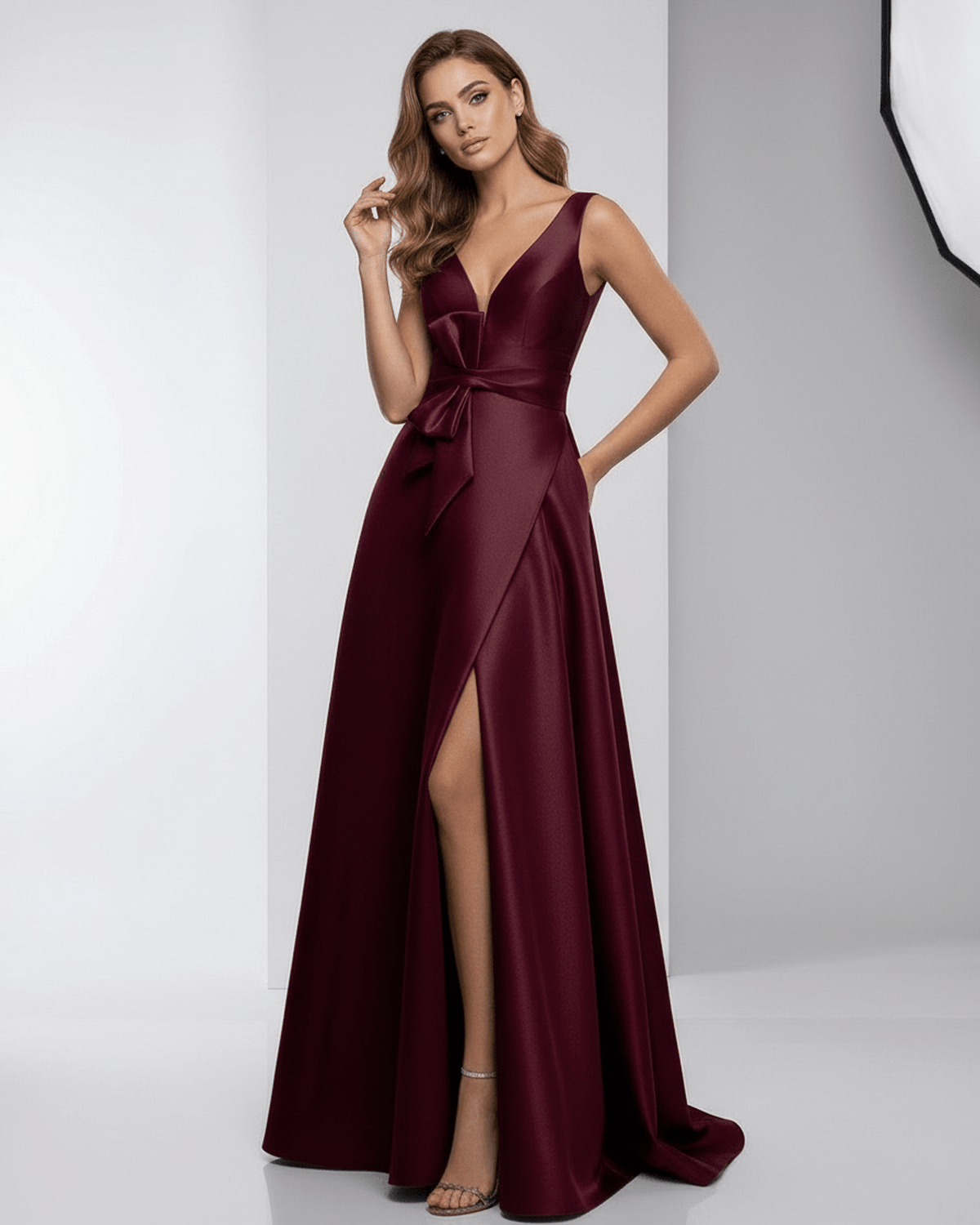 Verona Maxi Dress - Elegant burgundy satin A-Line V-neck evening dress by Lauven with a stylish slit detail.
