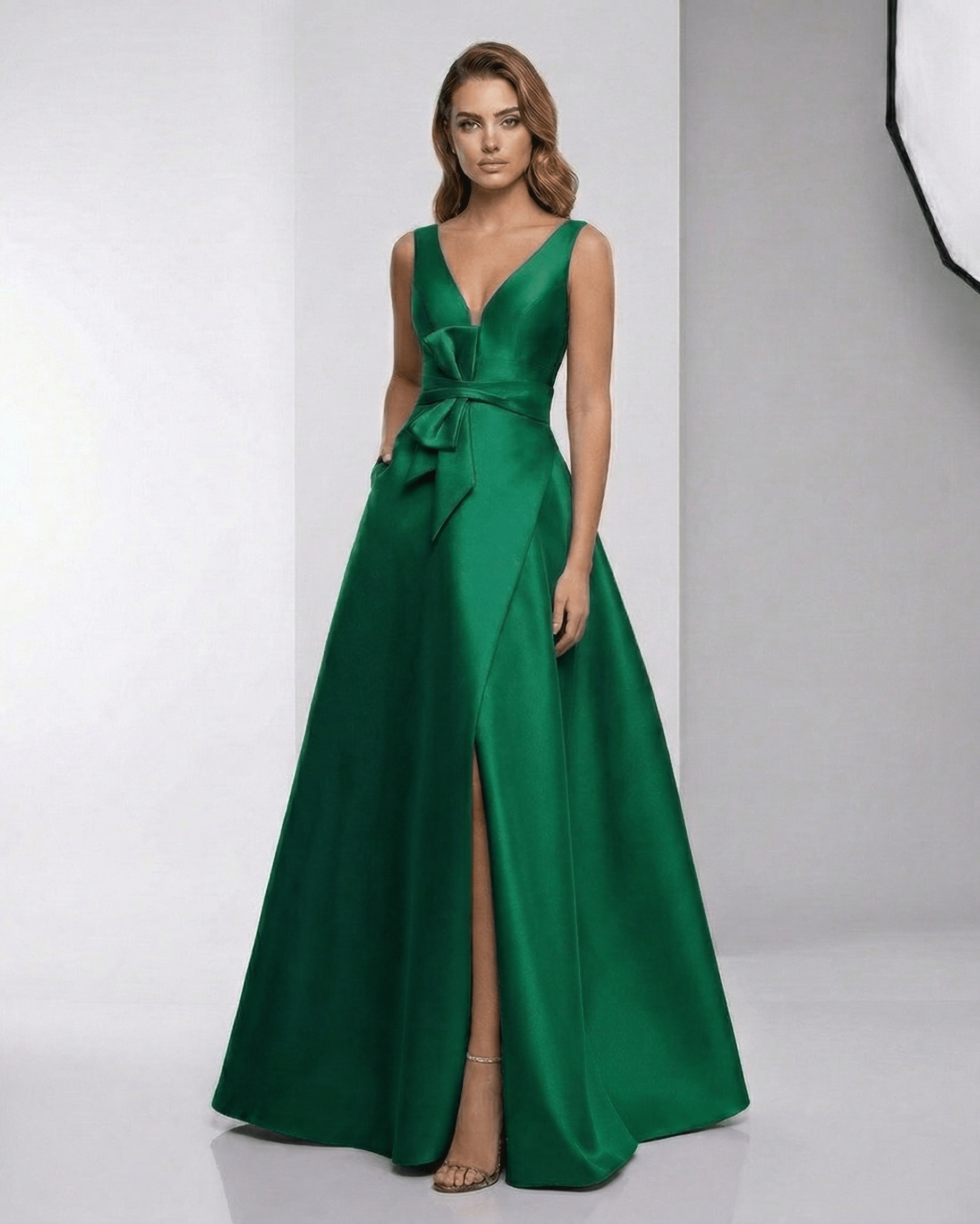 Verona Maxi Dress in green satin, A-line silhouette, V-neckline, elegant evening dress by Lauven.