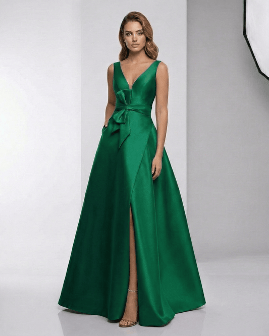 Verona Maxi Dress in green satin, A-line silhouette, V-neckline, elegant evening dress by Lauven.