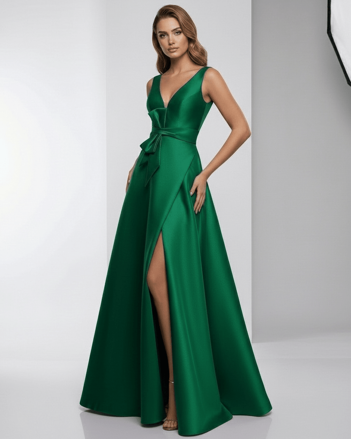Verona Maxi Dress - Green Satin A-Line V-Neck Floor-Length Evening Dress by Lauven.
