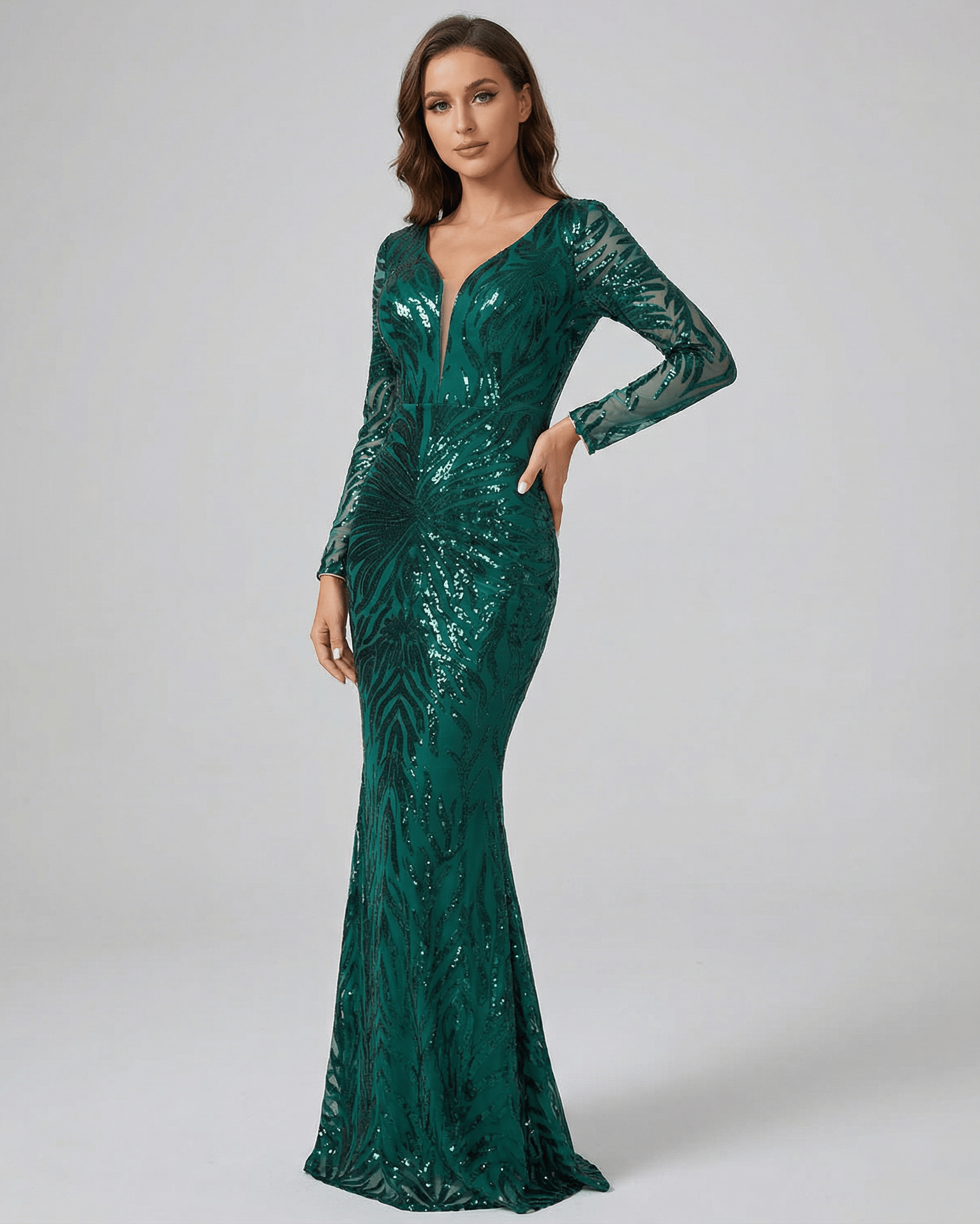 Lauven Verona Maxi Dress - Green Sequin Maxi Dress with Long Sleeves and V-Neck