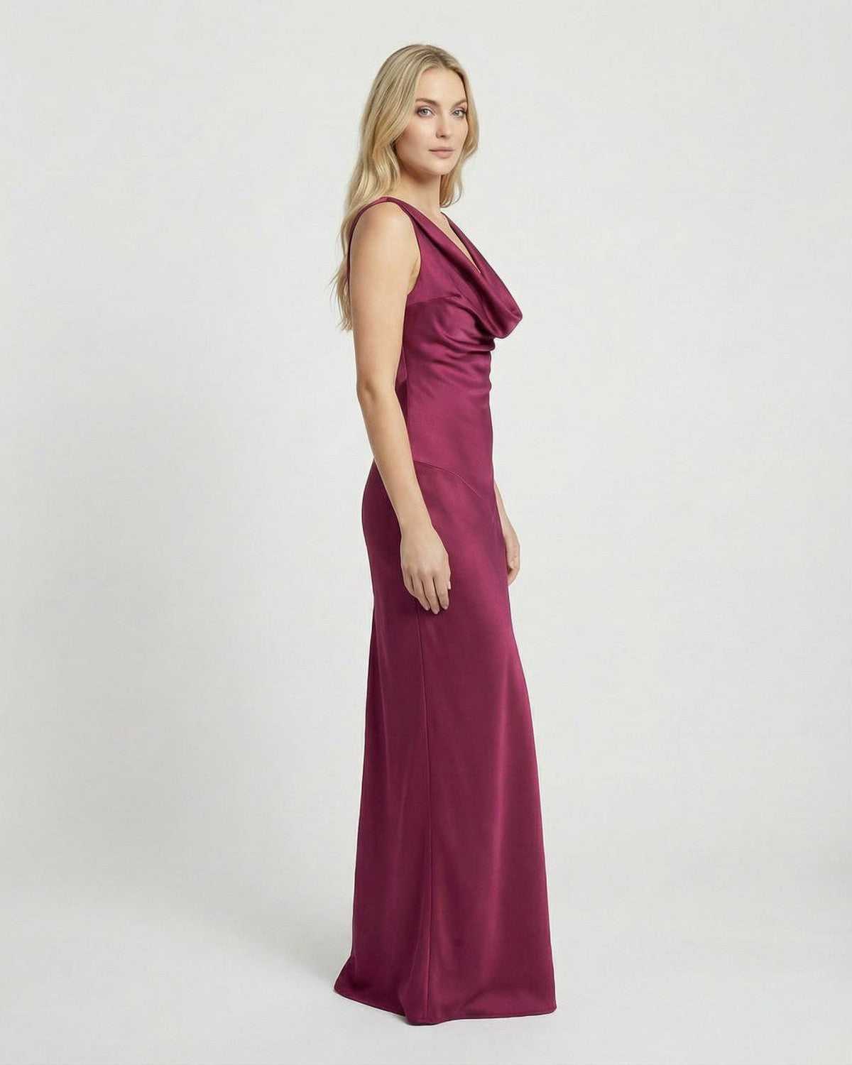 Verona Maxi Dress by Lauven in satin-effect cowl neck design, showcasing a refined evening silhouette.