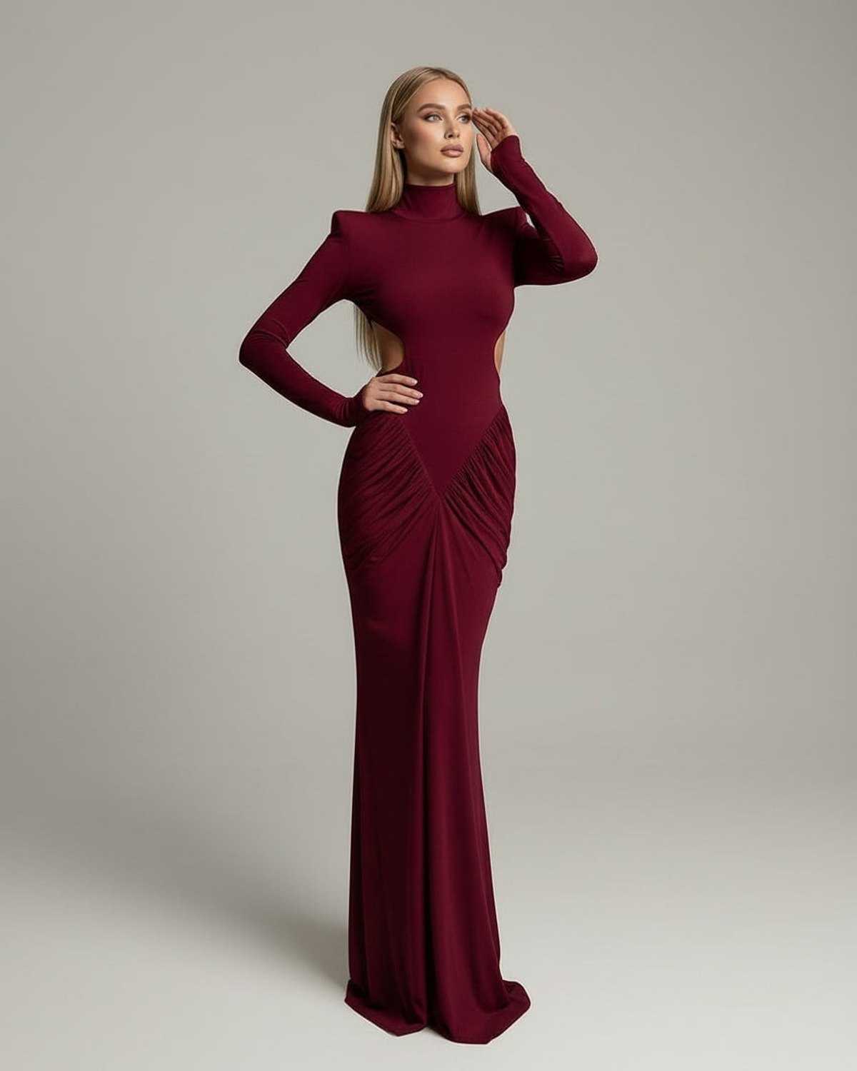 Verona Maxi Dress by Lauven, red, high neck, long sleeve, ruched design, open back, perfect for formal occasions.