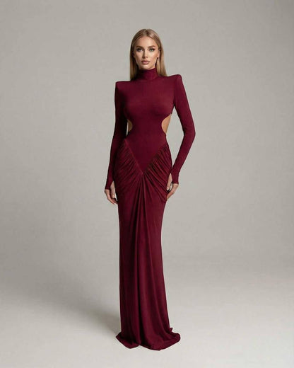 Verona Maxi Dress with high neck, long sleeve, ruched open back design, by Lauven, bold red, elegant for evening wear.