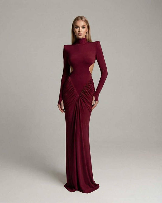 Verona Maxi Dress with high neck, long sleeve, ruched open back design, by Lauven, bold red, elegant for evening wear.